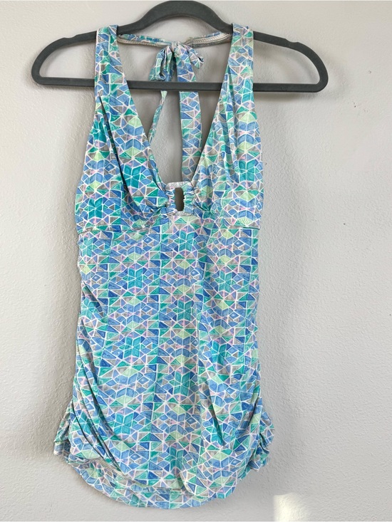 Helen Jon Other - Helen Jon Women’s L Halter Neck Ruched Tankini Top Swimsuit Geometric Print Blue
